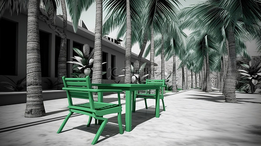 户外咖啡馆的单色绿色 3D 渲染，配有长凳桌椅和椰子树