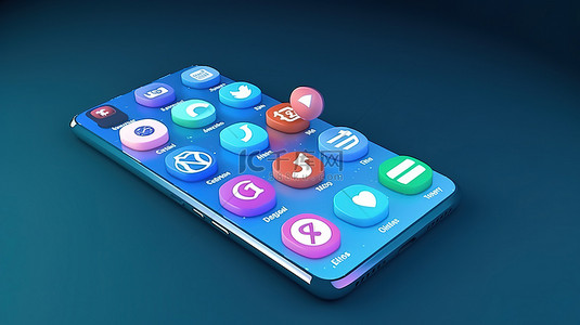 蓝色背景的社交媒体图标放置在带有 3D 渲染移动应用程序按钮的锁定手机旁边