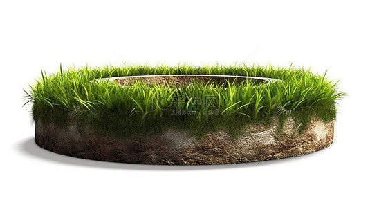 绿色花圆形花背景图片_圆形土壤地面横截面与绿草隔离地球土地的 3D 插图