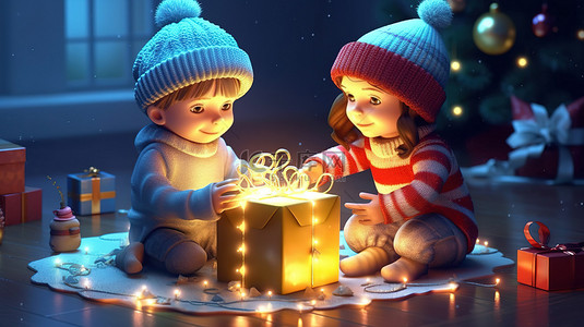 红色背景插画背景图片_孩子们在节日 3D 圣诞节环境中庆祝