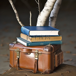 坐在树枝旁边的老式行李箱，里面装满了书