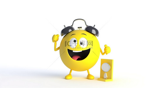 吉祥物闹钟和黄色路标的 3D 渲染，带有空白空间，用于白色背景的个性化设计