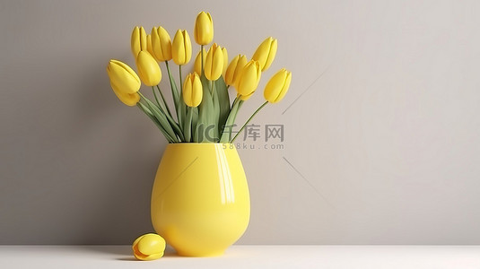 花瓶中的黄色郁金香 3d 渲染充满活力的春夏花朵在白色背景下