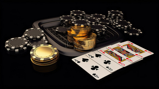 带有剪切路径的 3D 渲染中的金赌场筹码和黑色扑克牌