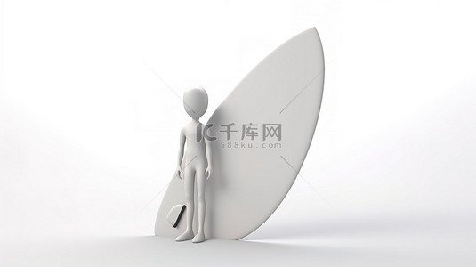 白色背景上的现代冲浪板，带有 3d 渲染的 3d 小人物