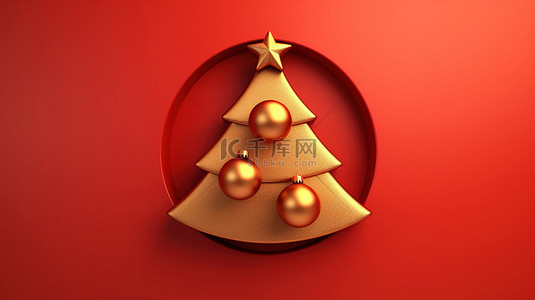 圣诞树图标背景图片_红色哑光金板节日 3d 渲染图标上的金色圣诞树符号