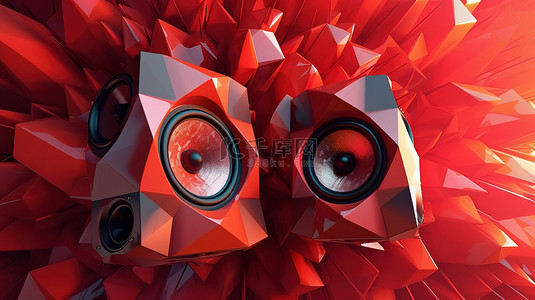 红色的网络符号背景图片_带有声波的低聚红色扬声器的程式化 3D 插图