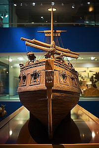 柏林博物馆岛背景图片_博物馆大厅展出的一艘木船
