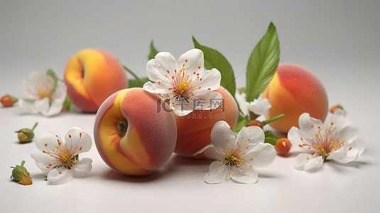 甜美花朵背景图片_花卉和水果融合 3d 渲染的桃子与盛开的花朵