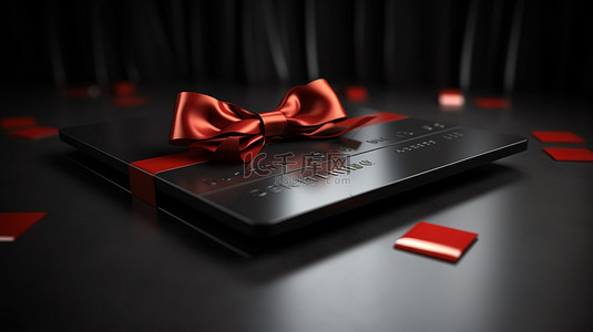 俯拍的礼品盒背景图片_豪华白金 VIP 礼品黑色信用卡，饰有红丝带 3D 渲染