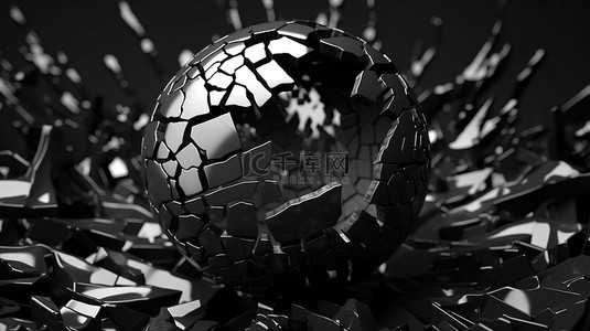 黑色画布上破碎的缟玛瑙球体令人着迷的 3D 单色艺术
