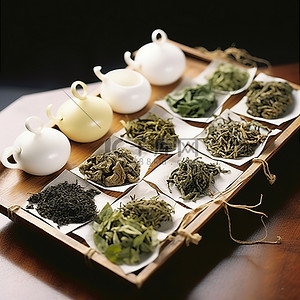 白茶茶叶水背景图片_木托盘上放着各种茶叶的茶袋