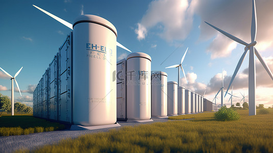 光伏充电站俯瞰图背景图片_用于储氢风力涡轮机和光伏概念的可再生能源的 3D 渲染