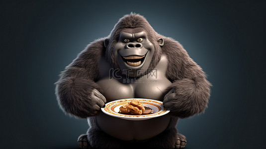 3d 中欢快的超重大猩猩拿着盘子
