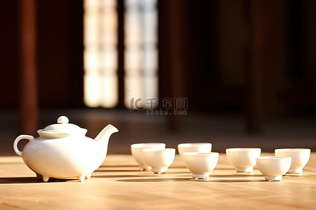 白色茶具背景图片_白色茶具放在敞开的门前