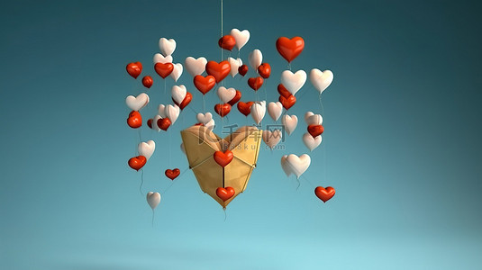 心形气球携带的情书的 3D 渲染