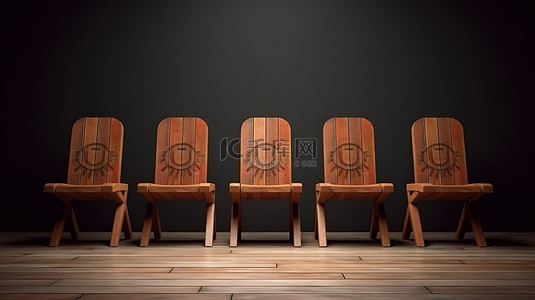 带有禁止和社交距离标志的孤立木椅的 3D 渲染
