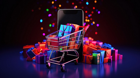 手机传单背景图片_黑色星期五智能手机和购物车横幅的 3D 插图，用于促销和销售