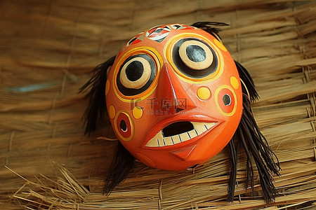 手绘木制面具，铺在稻草上