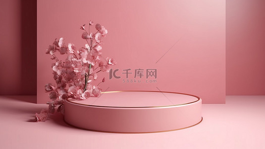 粉红色表面上春天花朵的豪华 3D 渲染，非常适合极简主义时尚设计和产品展示