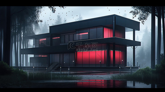 花面背景图片_时尚的黑色和大胆的红色饰面以 3D 方式创建的现代房屋
