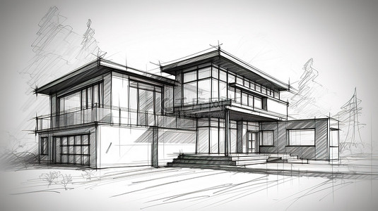 具有现代建筑透视线的房屋建筑草图的 3D 线框插图