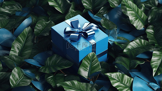 礼盒装饰丝带背景图片_蓝丝带礼品盒的绿叶环境 3D 渲染