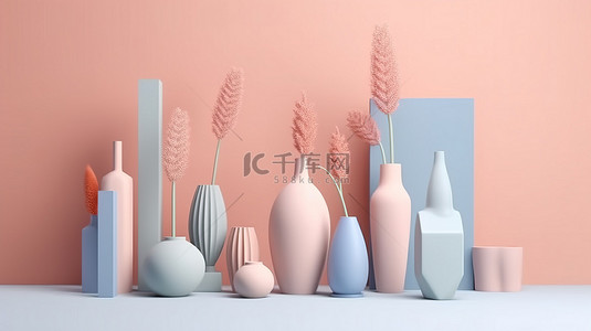 抽象形状和花瓶的和谐排列，柔和的色调，3D 渲染