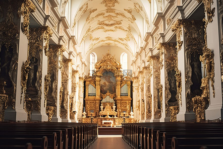 教堂的内部有一些白色的天花板和雕刻的雕像