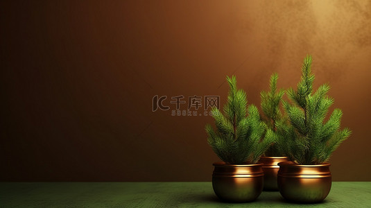 新年绿色背景图片_3d 盆栽冷杉或云杉树，具有绿色和青铜色调以及插入文本的空间