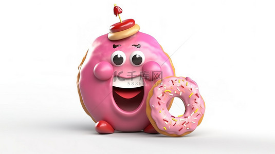 可爱的粉红色釉面甜甜圈人物吉祥物，带有存钱罐和白色背景上的金元硬币，以 3D 渲染