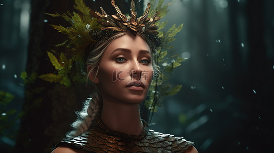 森林女王站在她的魔法王国中的令人惊叹的 3D 描绘