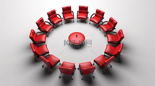 专业圆形会议室中的行政红色皮椅，白色背景 3D 渲染