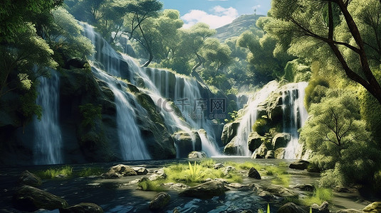 山水风景瀑布背景图片_森林中一座宽阔雄伟的瀑布从山上流下的 3D 插图
