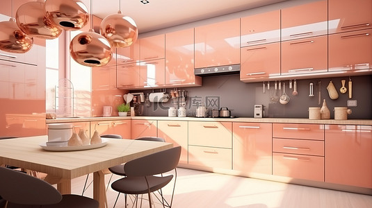 创新的斯堪的纳维亚厨房设计，配有时尚光泽的橱柜亚克力台面霓虹灯和 3D 渲染