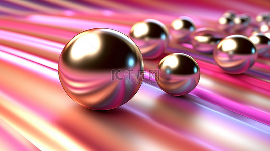 香槟背景与模糊的金属粉红色球体和抽象 3D 插图中的彩色带