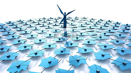 和谐平衡 3D 渲染的白色背景显示一个人拿着带有风力涡轮机风车的蓝色太阳能电池图案面板