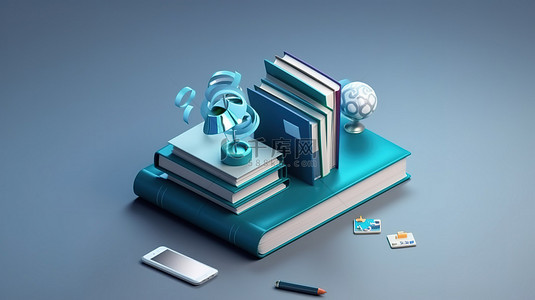 讲座背景图片_灰蓝色 3D 插图为在线教育中的电子书在线讲座课程设置图标