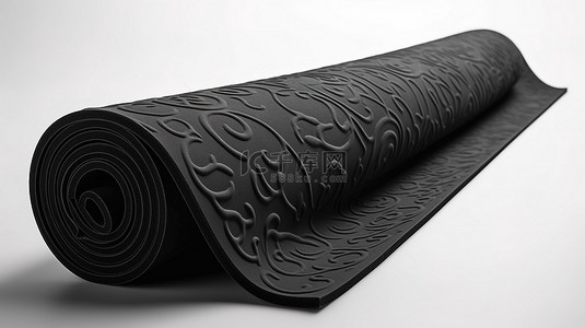 瑜伽运动健身俱背景图片_白色背景展示 3D 渲染的黑色瑜伽垫
