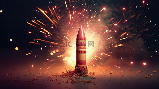 金色火箭背景图片_带有空白空间的水平横幅，用于文本 3d 火箭渲染，用于庆祝生日和新年等庆祝场合的鞭炮烟花