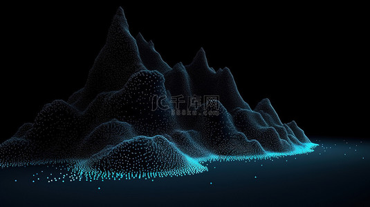 抽象蓝色的低聚数字景观，黑色背景 3d 渲染上带有粒子点
