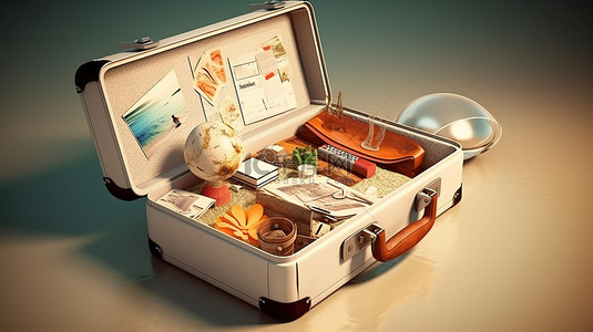 旅行箱旅行背景图片_旅行必需品揭晓 3D 手提箱的内容揭晓