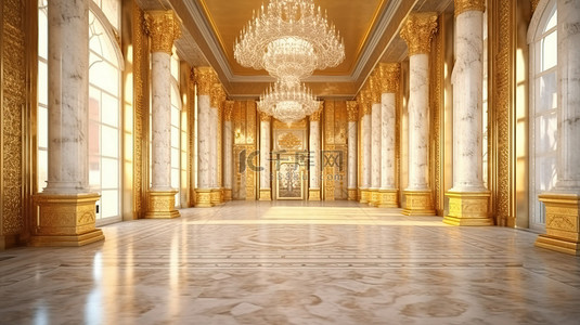 豪华宫殿内部的 3D 渲染与金色建筑风格