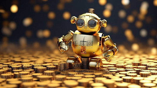 微型机器人背景图片_微型机器人在金融技术概念中持有金币堆，具有 3D 渲染