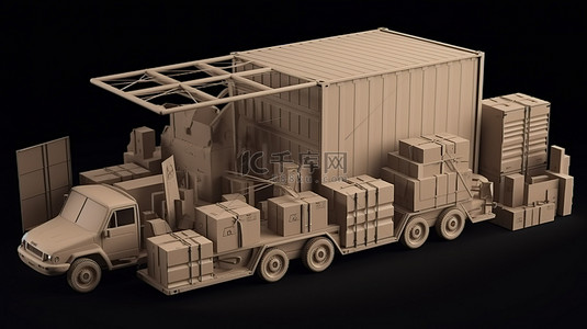 围绕 3D 渲染板条箱的运输和运输模式组合