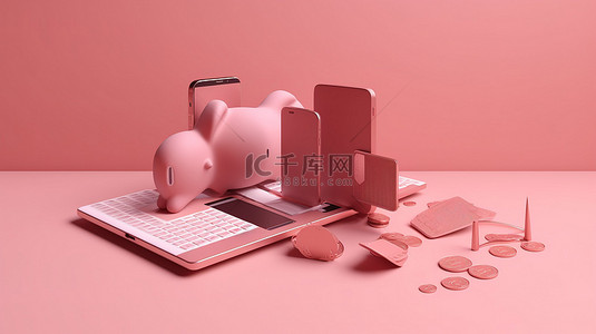 粉红色背景插图，具有 3D 省钱图标在线支付钱包硬币堆栈和 3D 渲染的信用卡