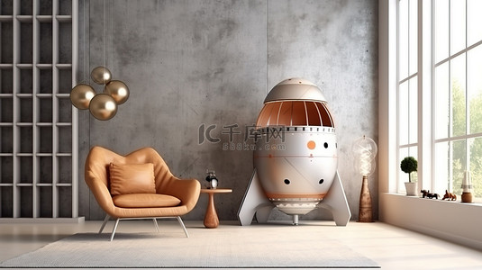 商务沟通背景图片_现代客厅配有 3D 渲染的太空火箭椅