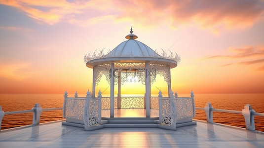 迷人的海上日落中的婚礼亭迷人的 3D 渲染