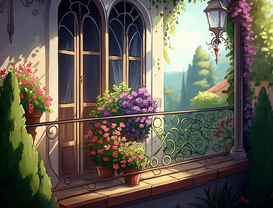 粉色卡通可爱背景背景图片_鲜花阳光叶子灯阳台花园卡通可爱背景