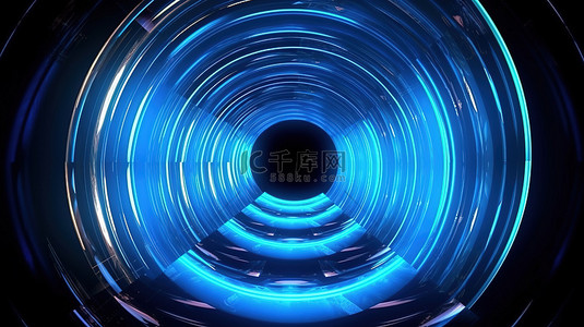充满活力的蓝色霓虹灯线的 3D 万花筒在抽象背景上创建圆形隧道